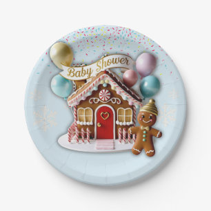 Gold Gingerbread House Baby Shower Paper Plate