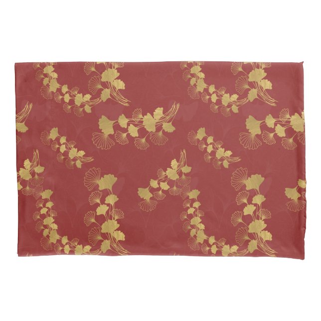 Gold Gingko Balboa Leaves on Dark Red Background Pillowcase (Front)