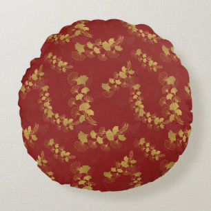Gold Gingko Balboa Leaves on Dark Red Background Round Cushion