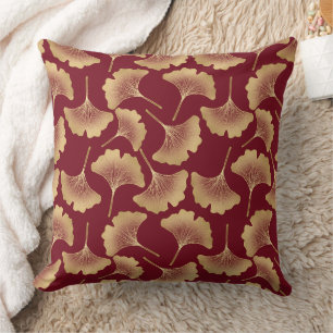 Gold Ginkgo Leaf Pattern in Burgundy for Botanical Cushion