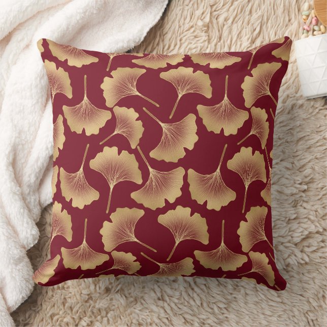 Gold Ginkgo Leaf Pattern in Burgundy for Botanical Cushion (Blanket)