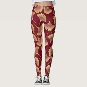Gold Ginkgo Leaf Pattern in Burgundy for Botanical Leggings