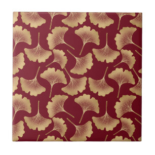 Gold Ginkgo Leaf Pattern in Burgundy for Botanical Tile