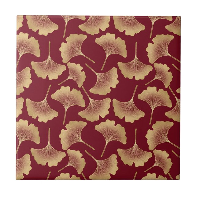Gold Ginkgo Leaf Pattern in Burgundy for Botanical Tile (Front)