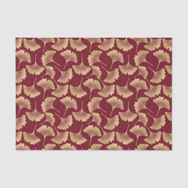 Gold Ginkgo Leaf Pattern in Burgundy for Botanical Tissue Paper (Front)