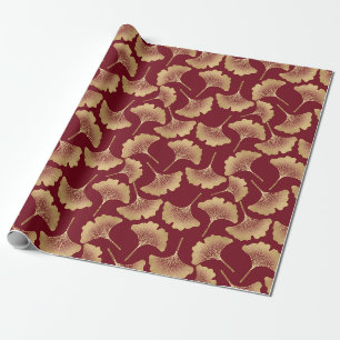 Gold Ginkgo Leaf Pattern in Burgundy for Botanical Wrapping Paper