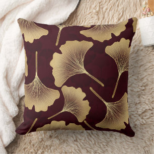 Gold Ginkgo Leaves Burgundy Botanical Pattern Cushion