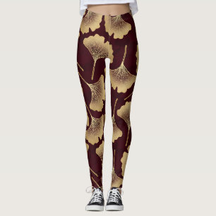 Gold Ginkgo Leaves Burgundy Botanical Pattern Leggings