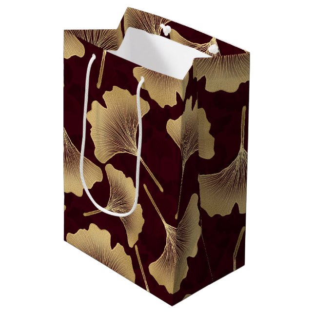 Gold Ginkgo Leaves Burgundy Botanical Pattern Medium Gift Bag (Front Angled)