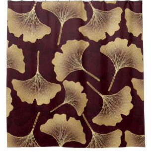Gold Ginkgo Leaves Burgundy Botanical Pattern Shower Curtain