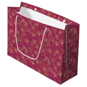 Gold Ginkgo Leaves Burgundy Luxury Botanical Large Gift Bag