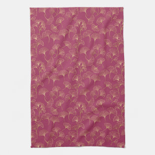 Gold Ginkgo Leaves Burgundy Luxury Botanical Tea Towel