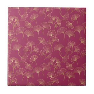 Gold Ginkgo Leaves Burgundy Luxury Botanical Tile
