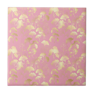 Gold Ginkgo Leaves on Blush Pink Botanical Pattern Tile