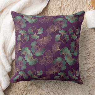 Gold Ginkgo Leaves on Purple Botanical Pattern Cushion