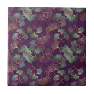 Gold Ginkgo Leaves on Purple Botanical Pattern Tile
