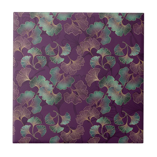 Gold Ginkgo Leaves on Purple Botanical Pattern Tile (Front)