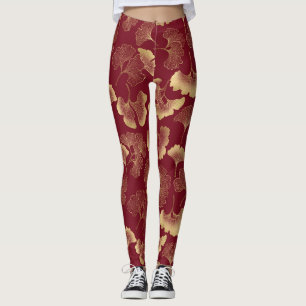 Gold Ginkgo Leaves on Red Elegant Botanical (2) Leggings