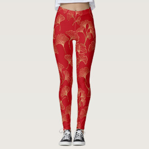 Gold Ginkgo Leaves on Red Elegant Botanical (4) Leggings