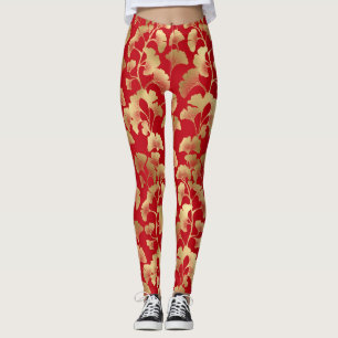 Gold Ginkgo Leaves on Red Elegant Botanical (5) Leggings