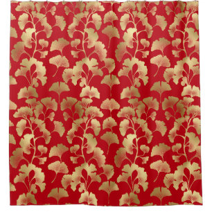 Gold Ginkgo Leaves on Red Elegant Botanical (5) Shower Curtain