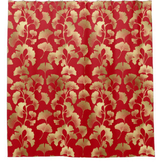 Gold Ginkgo Leaves on Red Elegant Botanical (5) Shower Curtain