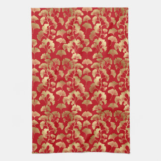 Gold Ginkgo Leaves on Red Elegant Botanical (5) Tea Towel