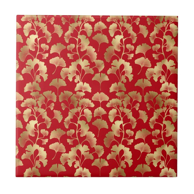 Gold Ginkgo Leaves on Red Elegant Botanical (5) Tile (Front)