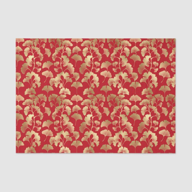 Gold Ginkgo Leaves on Red Elegant Botanical (5) Tissue Paper (Front)
