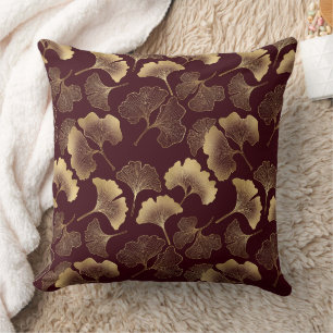Gold Ginkgo Leaves on Red Elegant Botanical Cushion