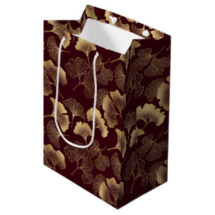 Gold Ginkgo Leaves on Red Elegant Botanical Medium Gift Bag