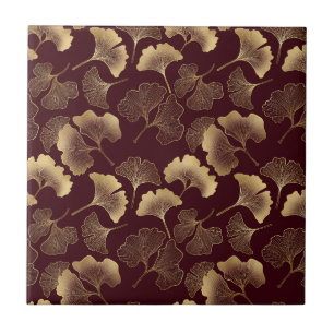 Gold Ginkgo Leaves on Red Elegant Botanical Tile