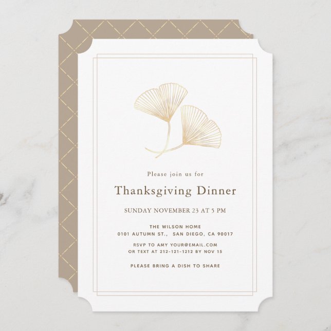 Gold Ginkgo Leaves Simple Thanksgiving Dinner Invitation (Front/Back)