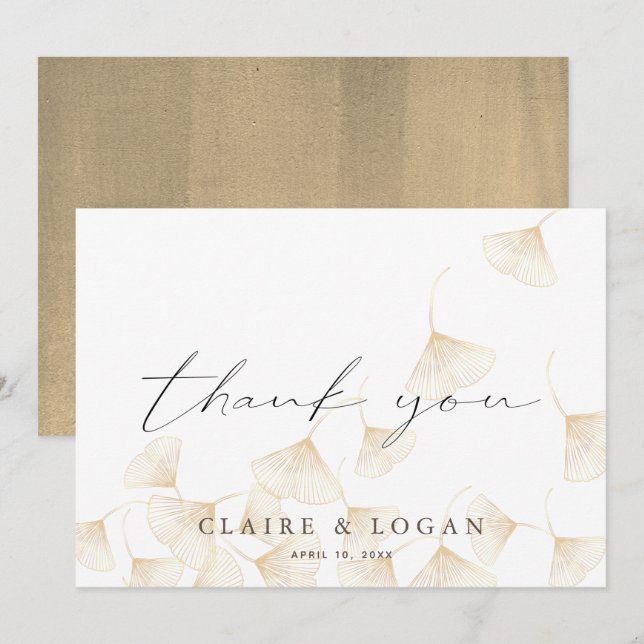 Gold Ginkgo Leaves White Thank You Card (Front/Back)