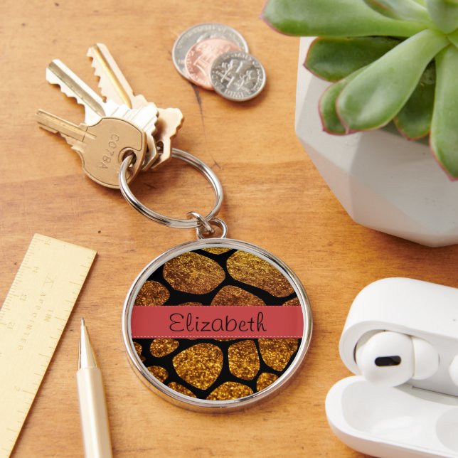 Gold Giraffe, Gold Glitter, Jungle, Your Name Key Ring (Desk)