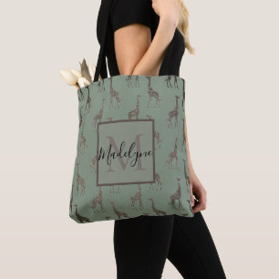 Gold Giraffe on Sage Green Monogram Tote Bag