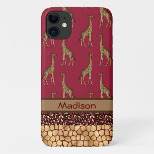 Gold Giraffe Stylish Burgundy Name Chic Jungle iPhone 11 Case