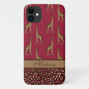 Gold Giraffe Stylish Burgundy Stylish Script iPhone 11 Case