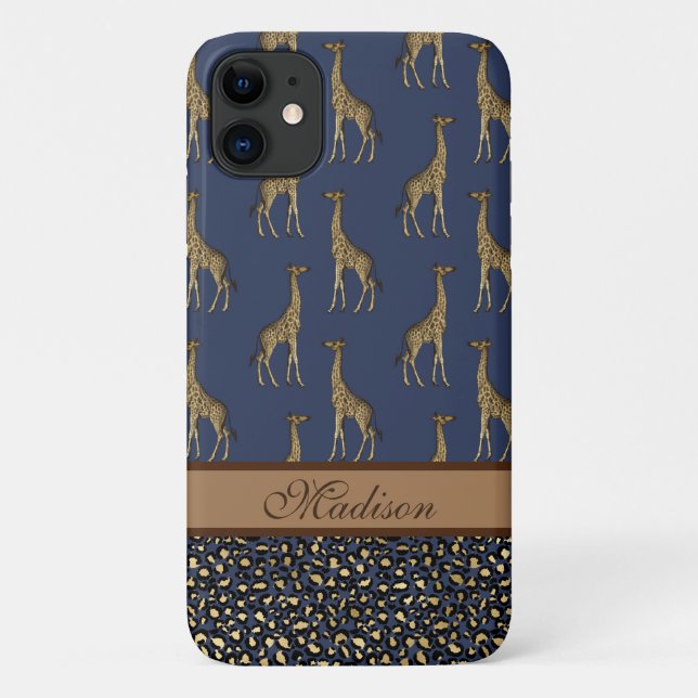 Gold Giraffe Stylish Navy Blue Stylish Script Case-Mate iPhone Case (Back)