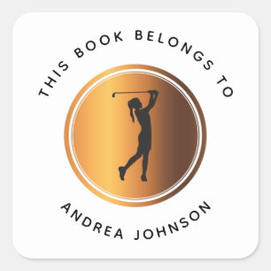 Gold Girl Golfer Silhouette Kids School Bookplate  Square Sticker