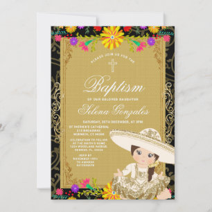 Gold Girl Mexican Baptism Colourful Floral Party Invitation
