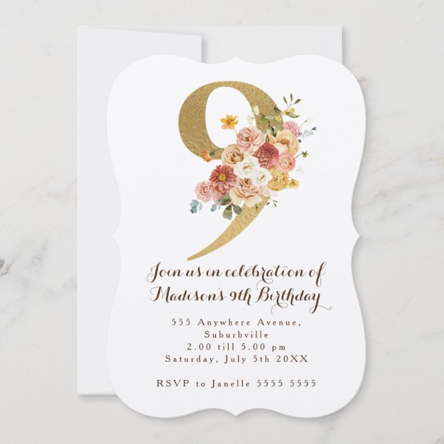 Gold Girls Floral 9th Birthday Party Invite (Front)