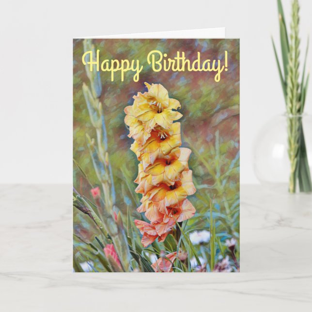 Gold Gladiolus Flower Art Garden Birthday Card (Front)
