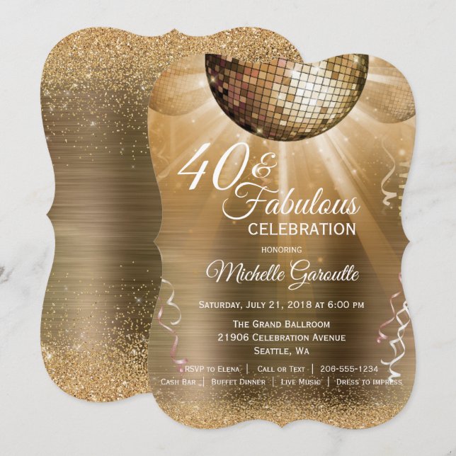 Gold Glam 40 and Fabulous Disco Ball Birthday Invitation (Front/Back)