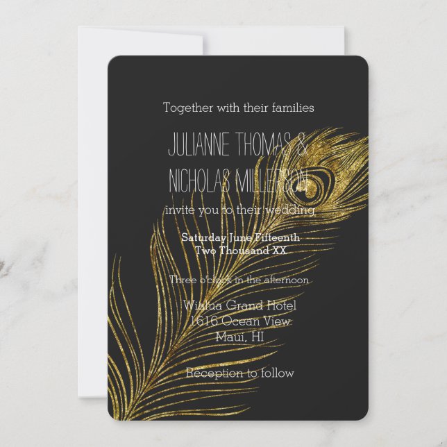 Gold Glam and Black Peacock Feather Wedding Invitation (Front)