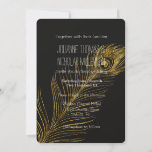 Gold Glam and Black Peacock Feather Wedding Invitation