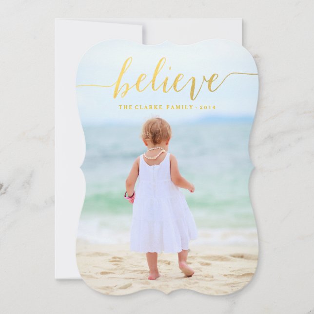 Gold Glam Believe Holiday Photo Card 2 (Front)