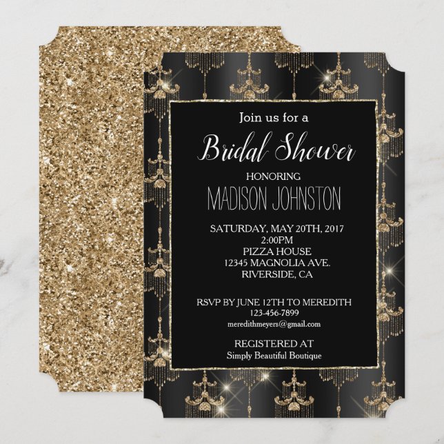 Gold Glam Black Chandeliers Invitation (Front/Back)