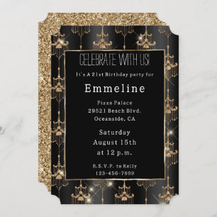 Gold Glam Black Chandeliers Invitation