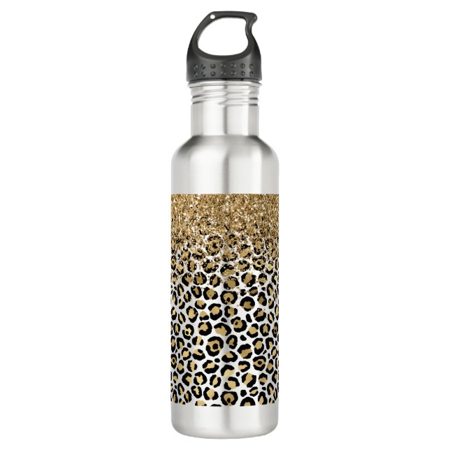 Gold Glam Black Leopard Print Glitter Sparkle 710 Ml Water Bottle (Front)